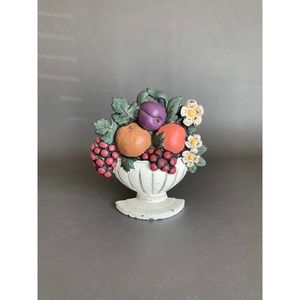 Antique Cast Iron Doorstop Painted Fruit & Flower Basket, country kitchen decor